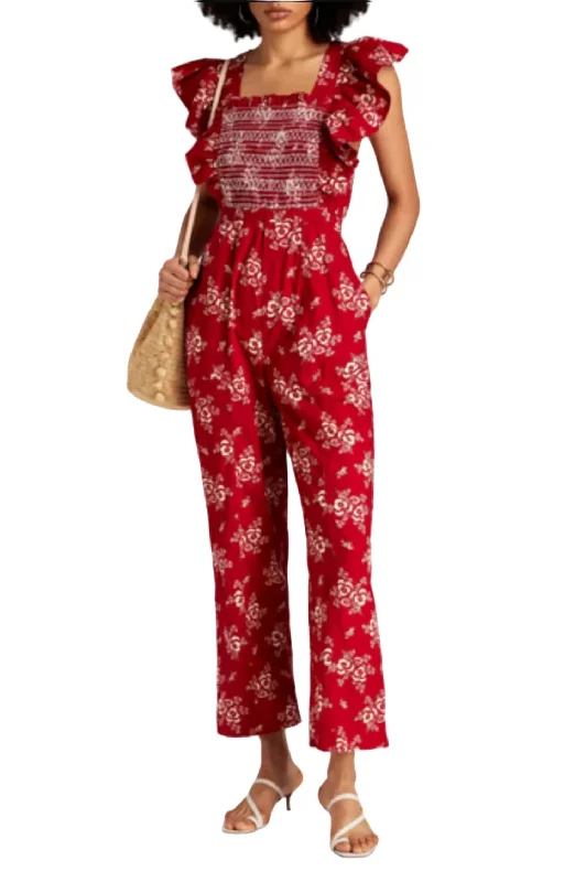 Women’s boatneck dresses for classic design -Women’s colorful pants for vibrant style -Alessia Print Smocked Jumpsuit In Red