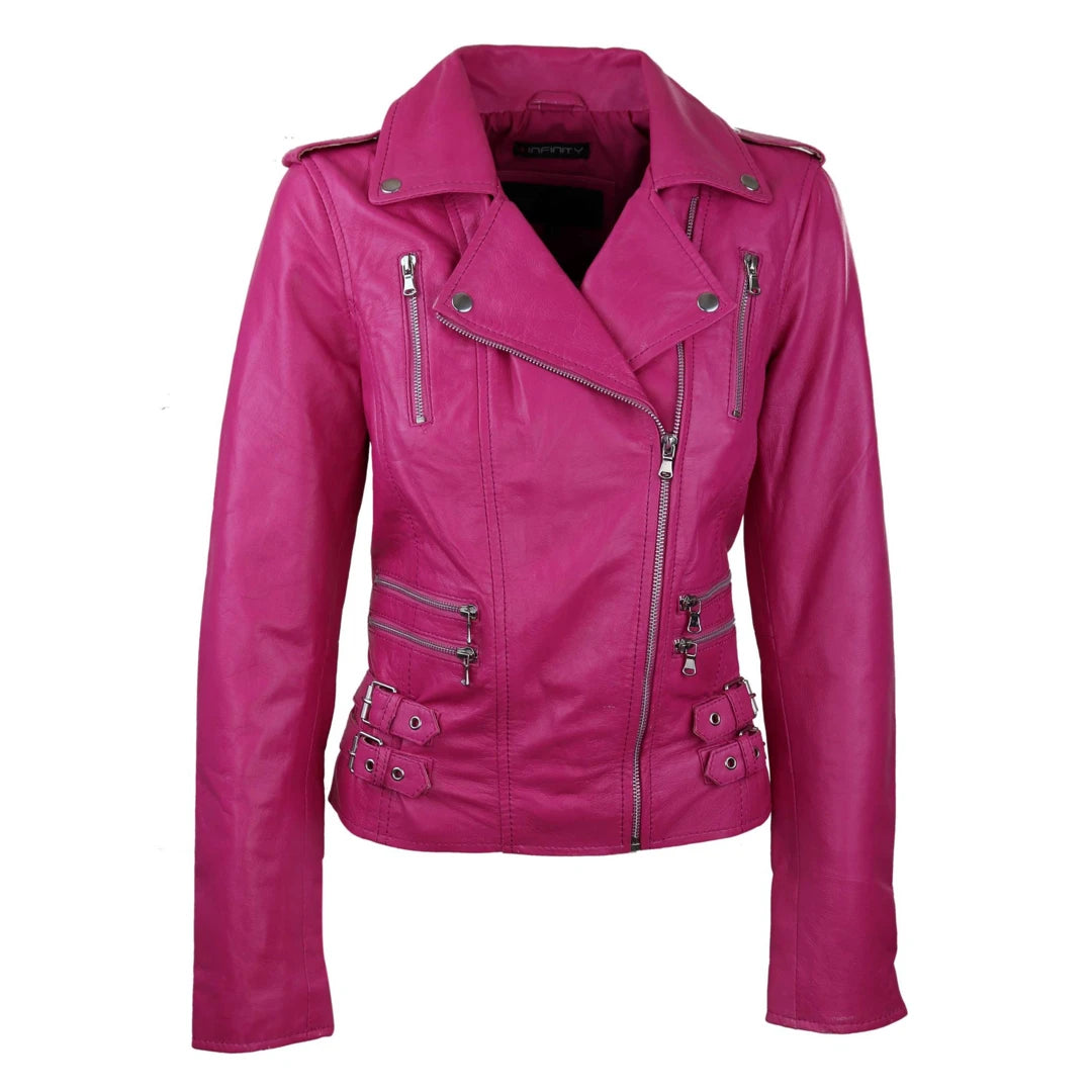 Women’s houndstooth jackets for classic patterns -Women's Leather Pink Short Biker Jacket