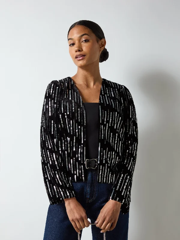 Women’s cardigan jackets for casual comfort -Black Velvet Embellished Cropped Jacket