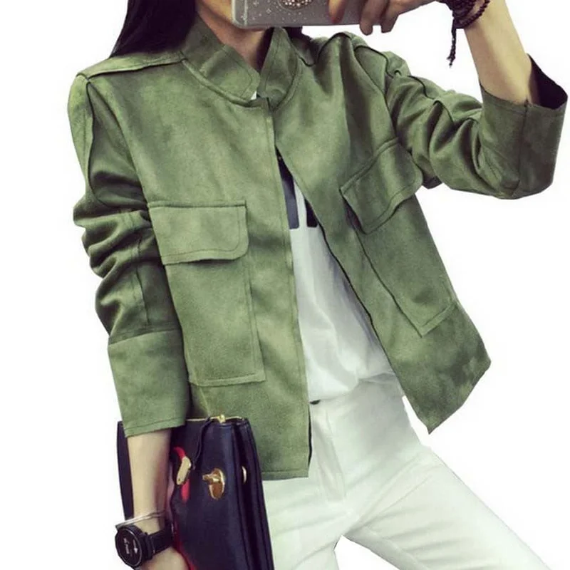 Women’s chic jackets for stylish outfits -Retro Suede Casual Jacket Women All-Match Military Green Cardigan Coat 6 Colors