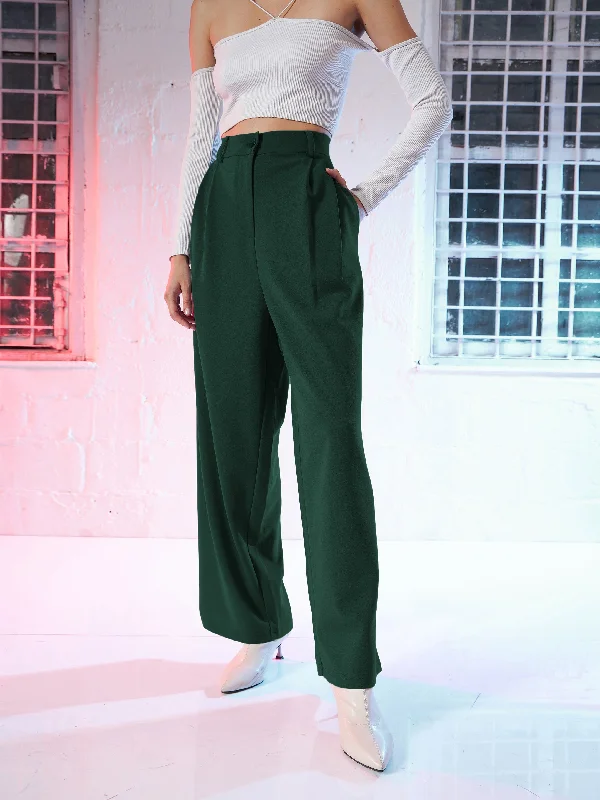 Women’s halter neck dresses for elegant vibe -Women’s capri pants for summer style -Women Emerald Green Korean Pleated Loose Fit Pants