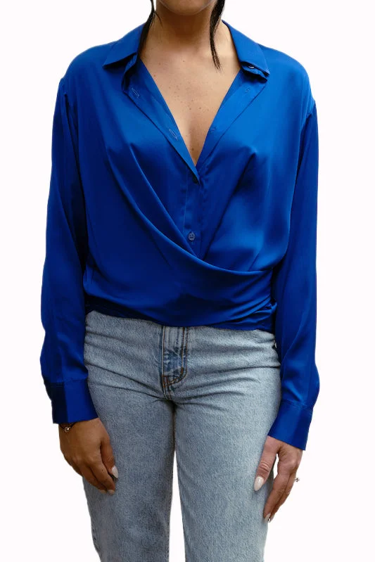 Women’s embroidered tops for detailed design -EFFIE KATS Womens Satin Wrap Shirt Cobalt