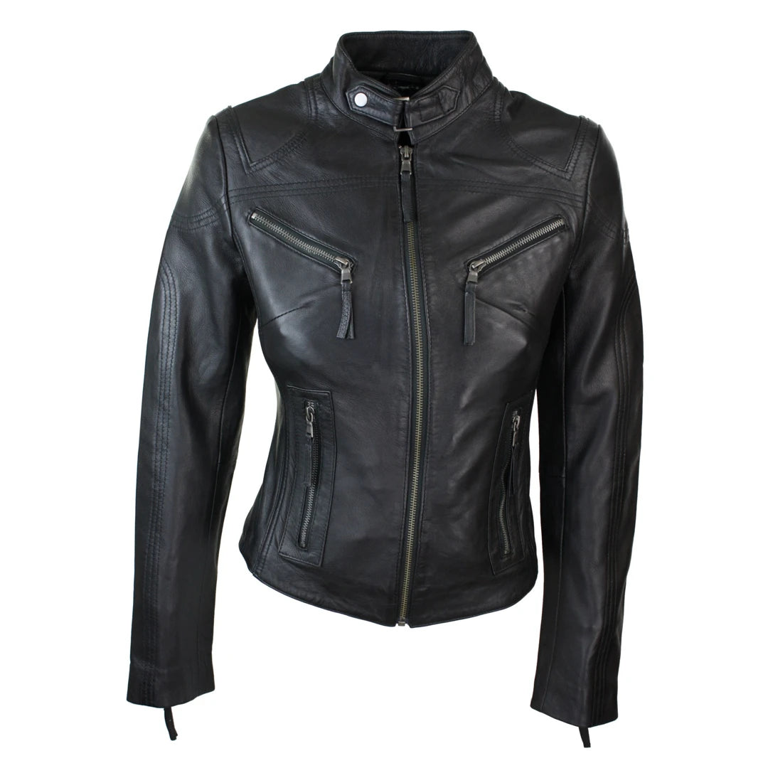 Women’s insulated jackets for cold climates -Women's Leather Black Tan Biker Jacket