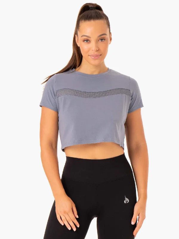 Women’s sleeved tunics for relaxed fit -Hybrid Mesh Tee - Steel Blue