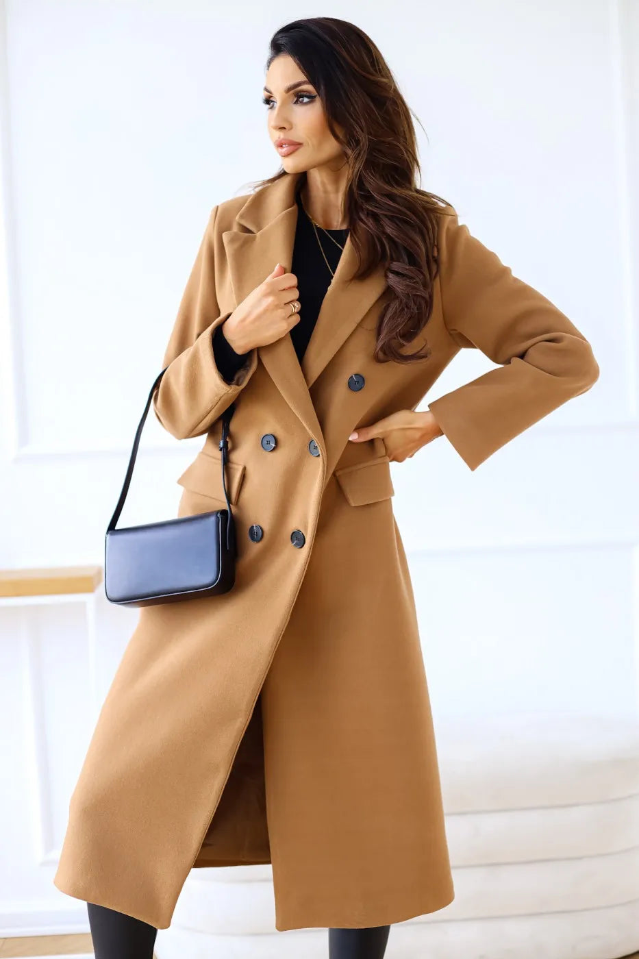 Women’s trench coat with belt for classic look -Women's minimalist double breasted long sleeved lapel button down woolen jacket with loose