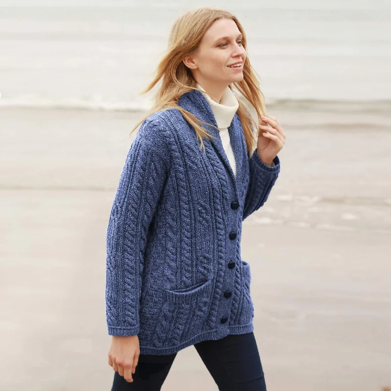 Women’s wrap tops for stylish fit -Ladies V-Neck Irish Aran Button Cardigan