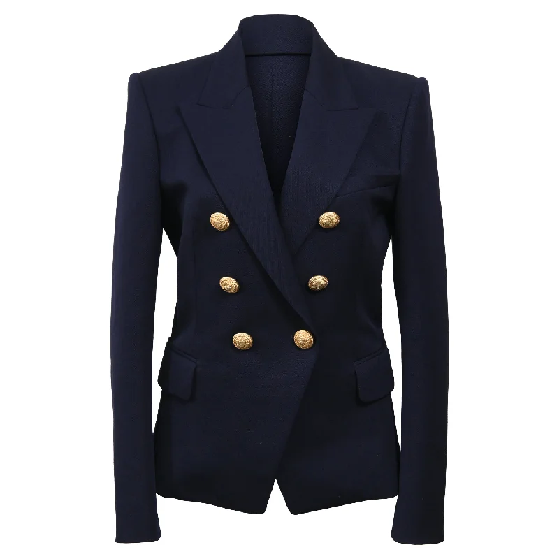 Women’s athletic jackets for sportswear look -Balmain Embellished Buttons Double-Breasted Blazer in Navy Blue Wool