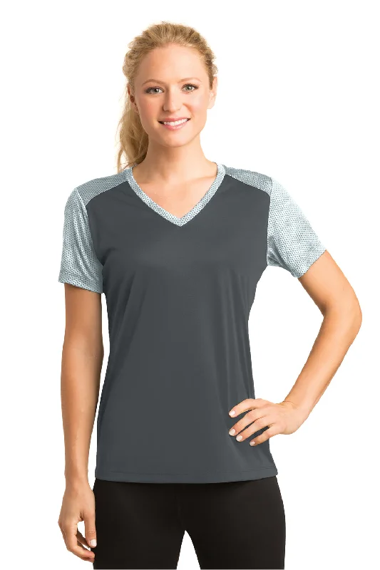 Women’s casual tunic tops for easy style -Sport-Tek Womens CamoHex Moisture Wicking Short Sleeve V-Neck T-Shirt - Iron Grey/White - Closeout