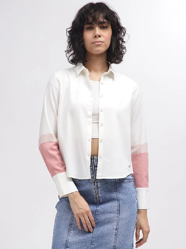 Women’s button-down shirts for polished look -Iconic Women White Colour Blocked Spread Collar Full Sleeves Shirt