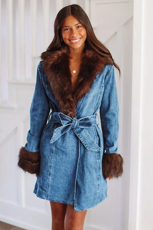 Women’s high-collar jackets for extra coverage -On the Go Denim and Faux Fur Coat -Denim