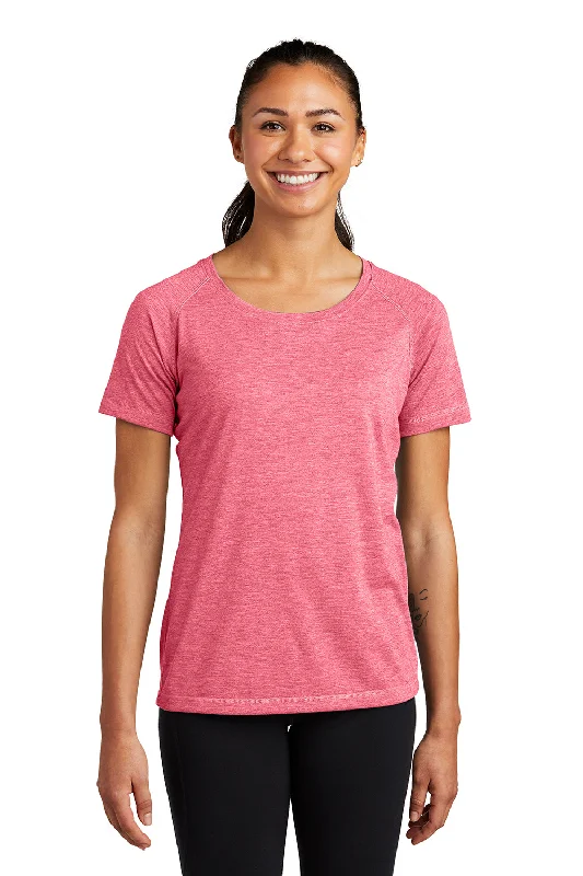 Women’s mock neck tops for chic warmth -Sport-Tek Womens Moisture Wicking Short Sleeve Scoop Neck T-Shirt - Heather Raspberry Pink