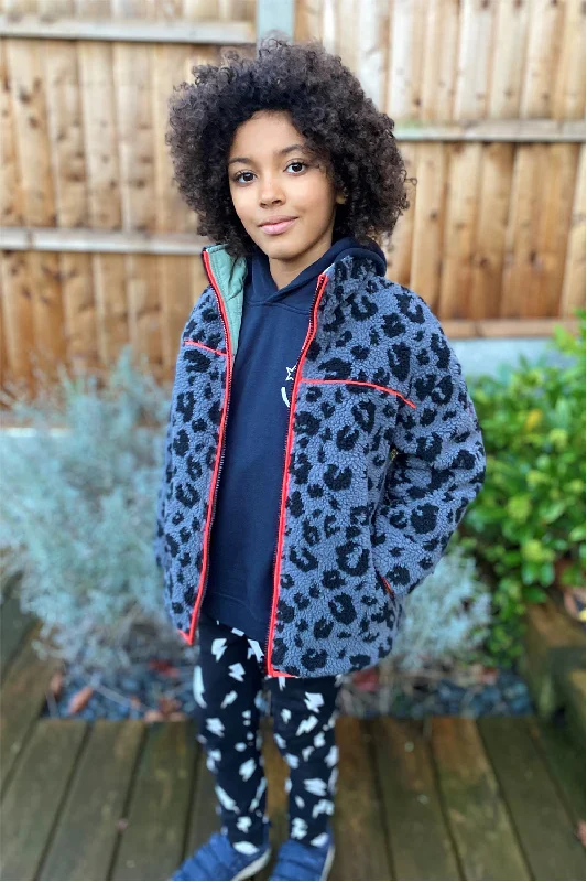 Women’s military jackets for structured look -Kids Reversible Quilted Khaki Lightning Bolt and Leopard Borg Coat