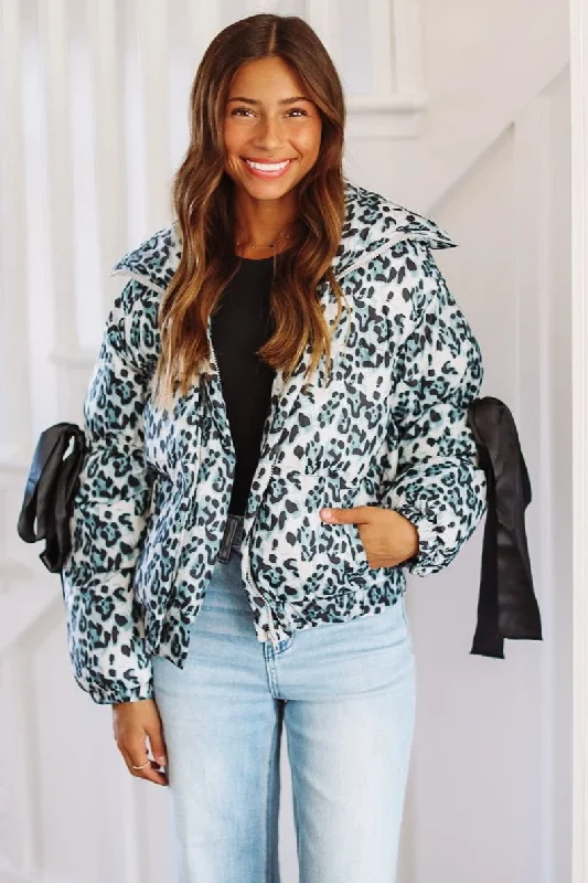 Women’s lightweight blazer jackets for workwear -Leopard Puffer Jacket - Grey