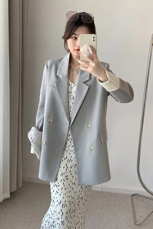 Women’s wool-blend trench coats for fall fashion -Gray Rolled Sleeve Double Breasted  Blazer