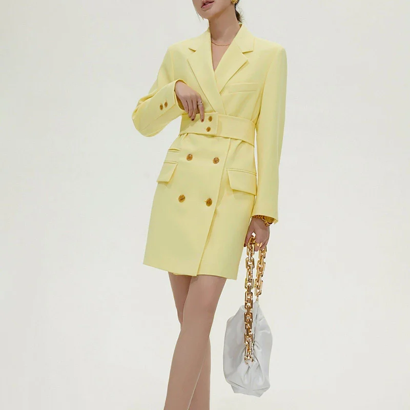 Women’s shawl collar jackets for sophisticated style -Yellow Double Breasted Long Sleeve Blazer Dress