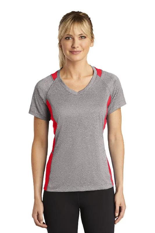 Women’s jersey tops for casual comfort -Sport-Tek Womens Contender Heather Moisture Wicking Short Sleeve V-Neck T-Shirt - Heather Vintage Grey/True Red