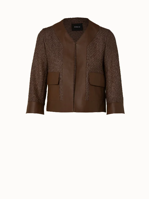 Women’s casual puffers for everyday warmth -Wool Blend Structured Tweed Jacket with Leather Trim