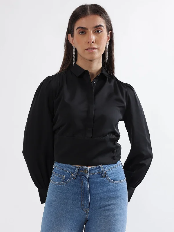 Women’s jersey tops for casual comfort -Elle Women Black Solid Spread Collar Full Sleeves Top