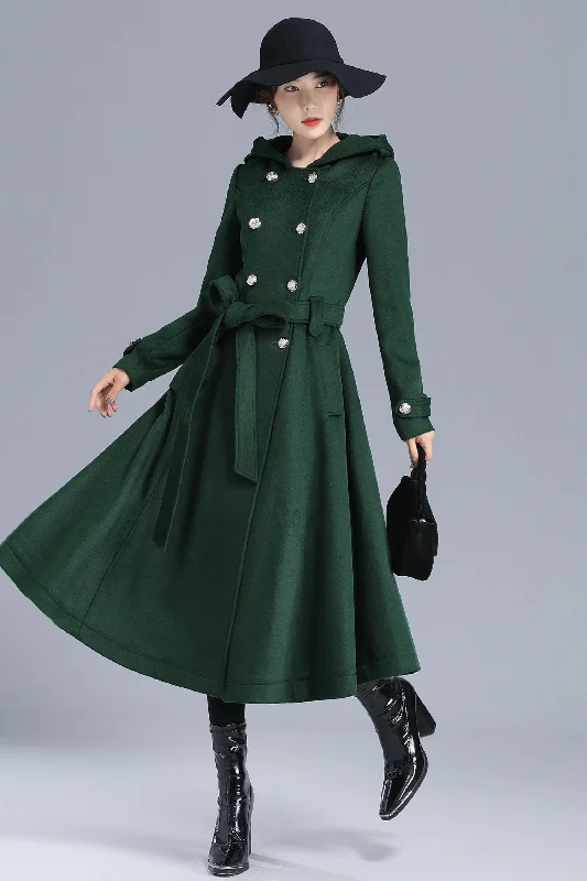 Women’s floral print jackets for vibrant fashion -Green Long Wool Trench Coat with Hood 3212