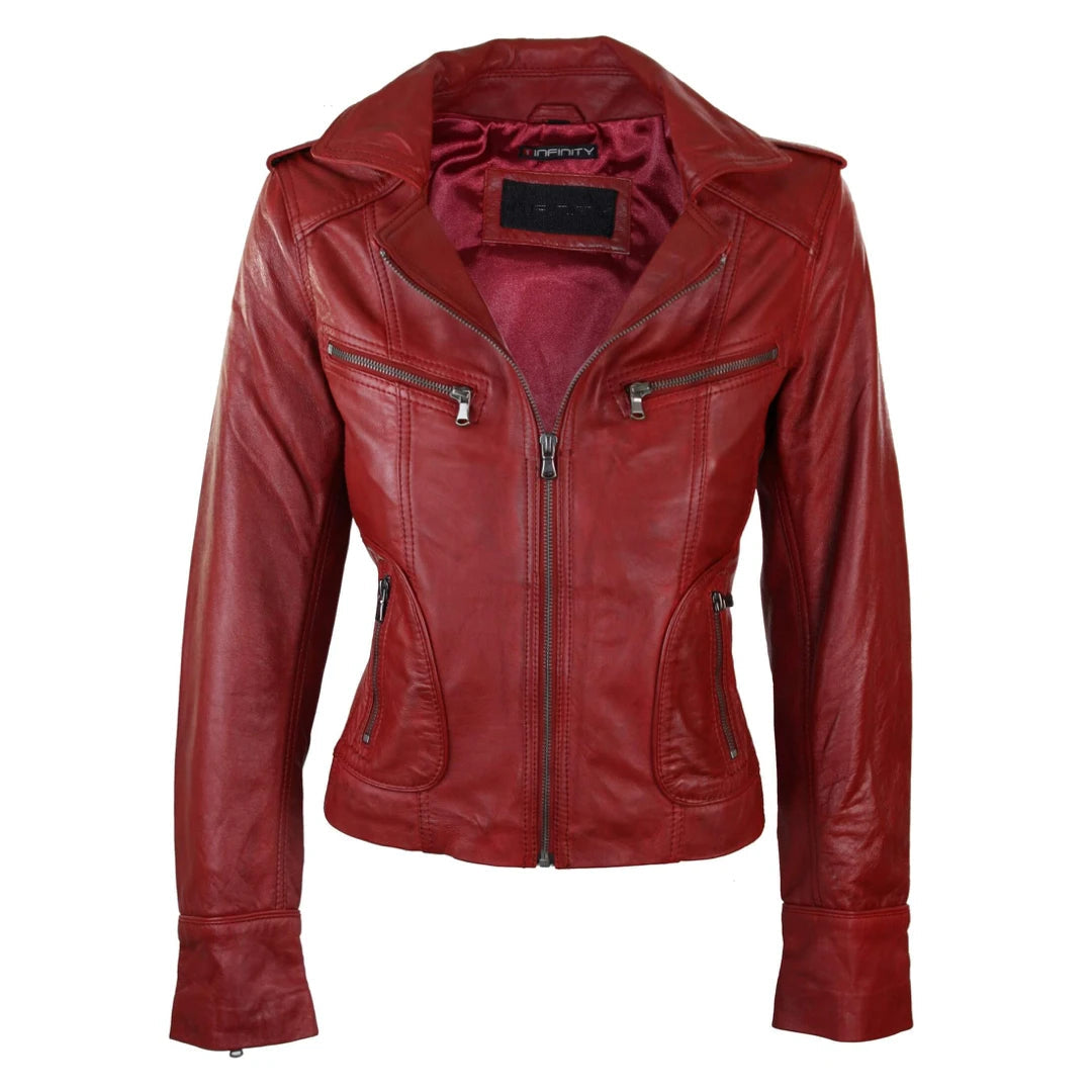 Women’s wrap coats for flattering fit -Women's Leather Short Slim Fit Biker Jacket