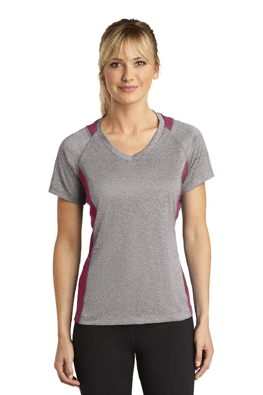 Women’s sleeved tunics for relaxed fit -Sport-Tek Womens Contender Heather Moisture Wicking Short Sleeve V-Neck T-Shirt - Heather Vintage Grey/Maroon