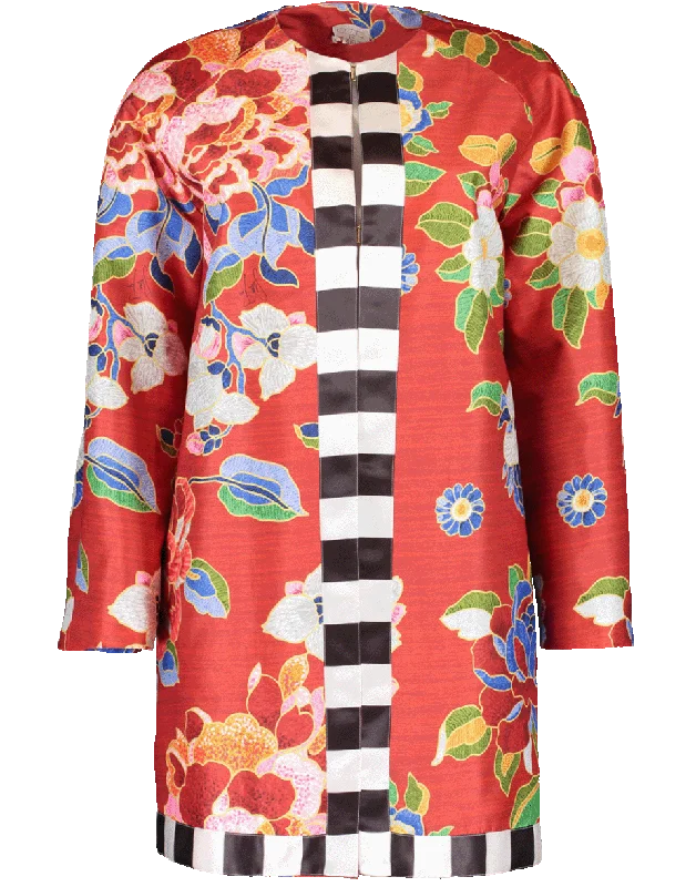 Women’s trench coat with belt for classic look -Collarless Floral Print Coat