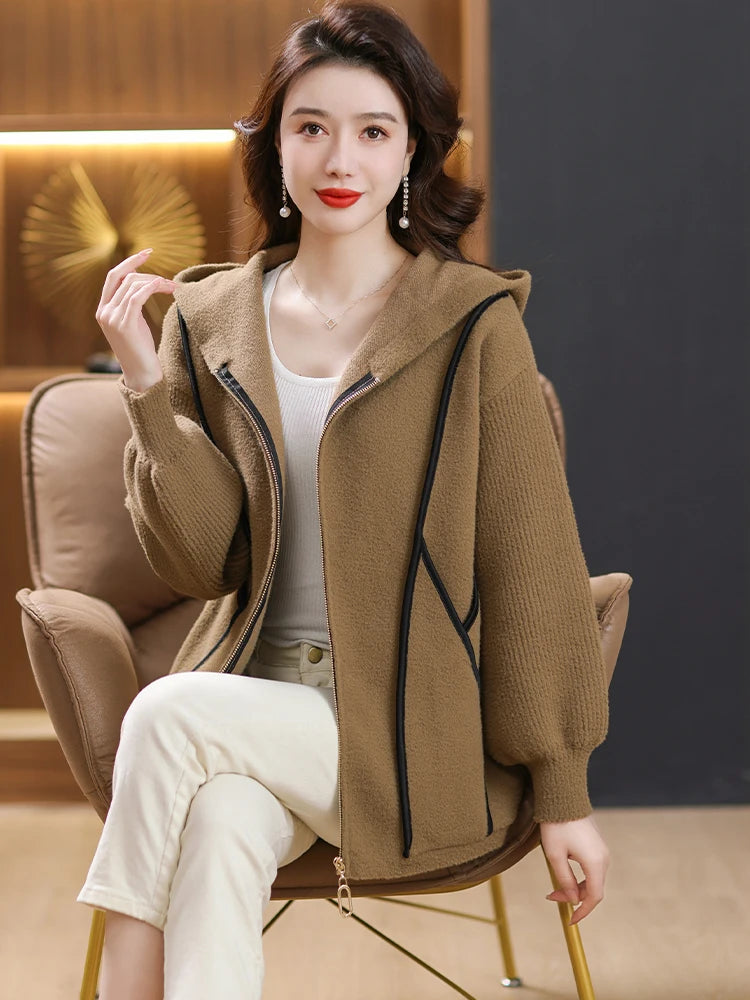 Women’s shearling jackets for cozy warmth -Women Soft Warm Hooded Cardigan Sweater Knitwear Zipper Opening Design Knit Coat