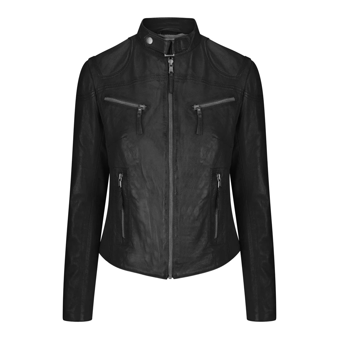 Women’s padded jackets for cozy fit -Women's Leather Fitted Biker Black Jacket