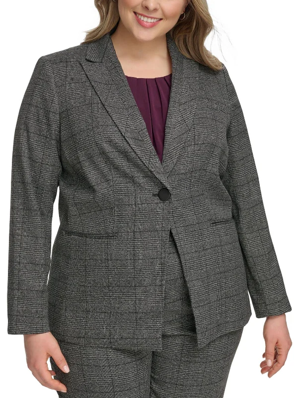 Women’s peacoat jackets for stylish warmth -Plus Womens Houndstooth Suit Separate One-Button Blazer