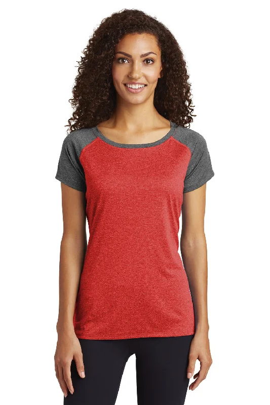 Women’s asymmetrical tops for modern fashion -Sport-Tek Womens Contender Heather Moisture Wicking Short Sleeve Wide Neck T-Shirt - Heather Scarlet Red/Heather Graphite Grey - Closeout