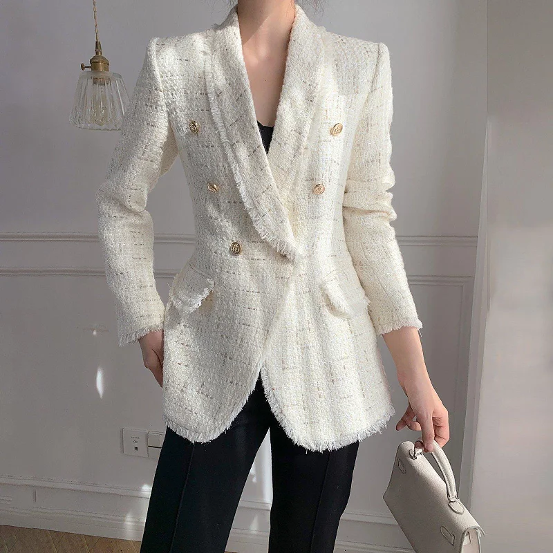 Women’s button-up jackets for classic style -Double Breasted Shawl Collar Tassel Hem Tweed Blazer