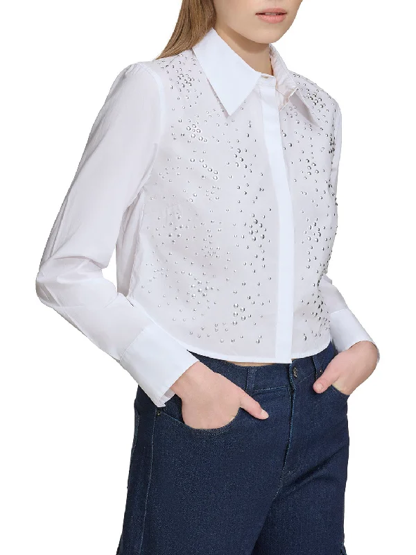 Women’s tunic-length tops for versatile layering -DKNY Women White Self-Design Spread Collar Full Sleeves Shirt