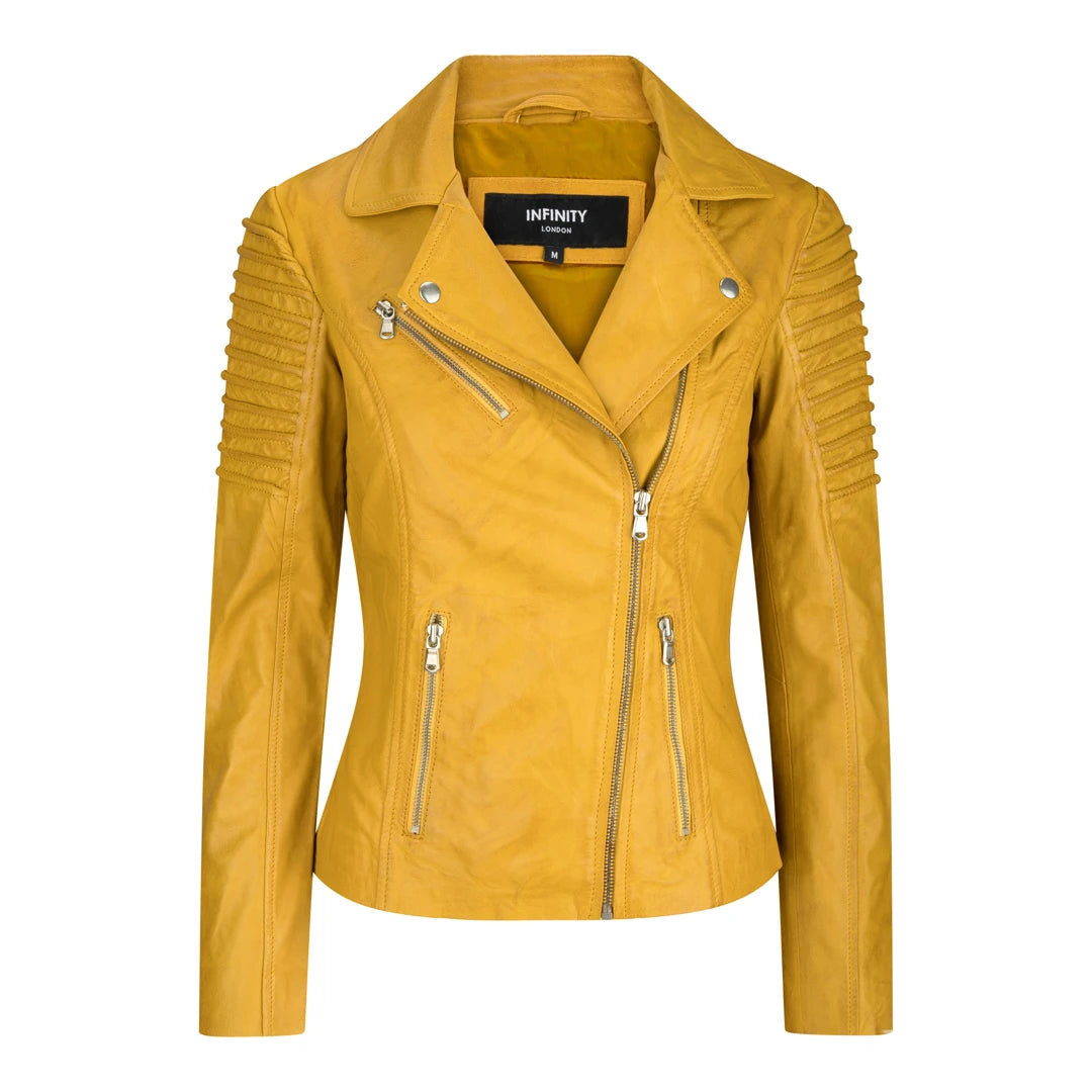 Women’s cropped blazers for modern look -Women's Leather Yellow Biker Jacket