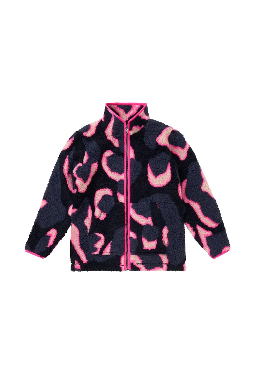 Women’s moto jackets for edgy vibe -Kids Navy with Pink Mega Shadow Leopard Button Through Fleece Jacket