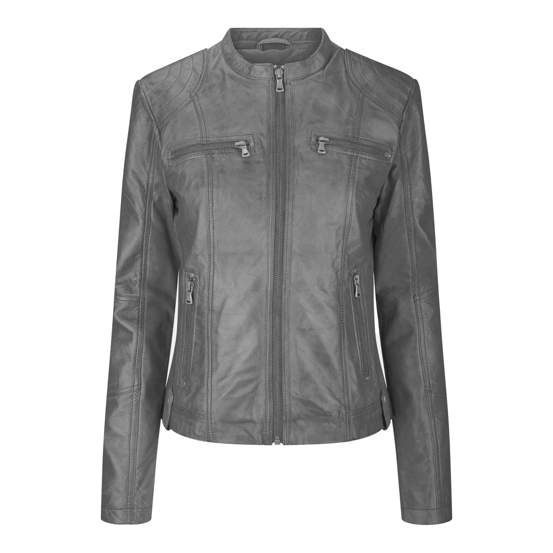 Women’s casual blazers for laid-back office wear -Women's Leather Jacket Short Fitted With Chinese Collar