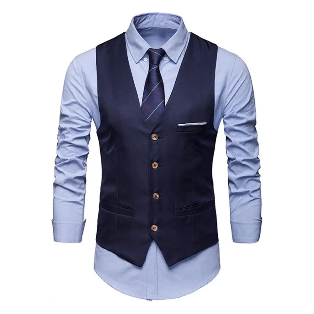 Women’s double-breasted coats for classic appeal -Vest Men Formal Business Waistcoat Sleeveless Slim Fit Single-breasted V Neck Silky Anti-wrinkle Pockets Groom Wedding Coat