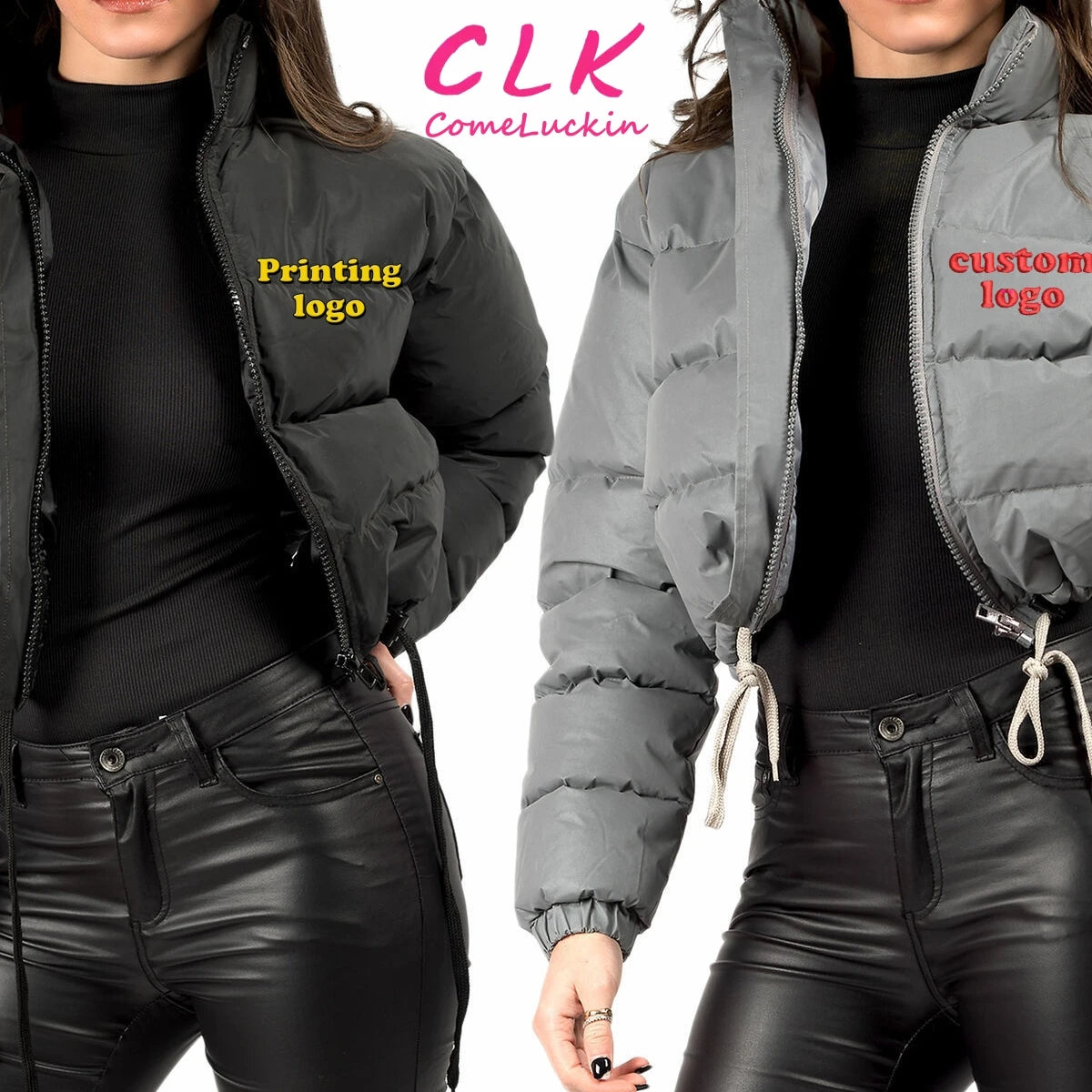 Women’s cardigan jackets for casual comfort -Custom Logo Thick Drawstring Parkas Zipper Women Short Puffer Jacket Cotton-padded 2023 Winter Soild Bubble Coat