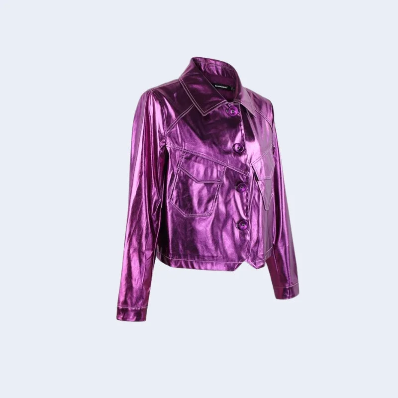 Women’s sporty zip-up jackets for active lifestyle -Metallic Fuchsia Faux Leather Jacket