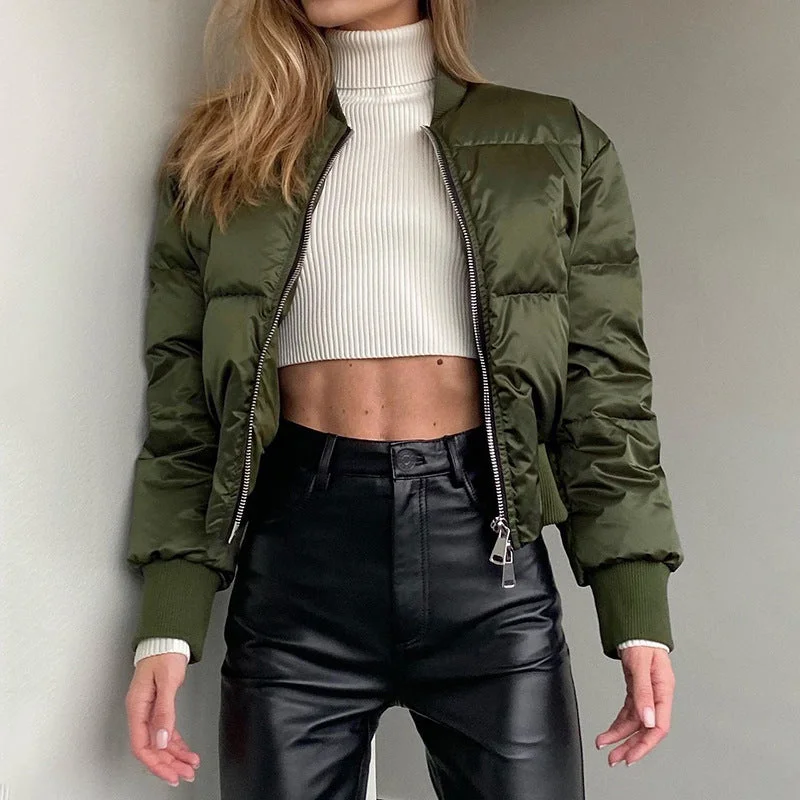 Women’s wool coats for cold weather style -Wholesale fashion zip up bomber jacket women winter warm gym sportswear cropped bubble coat solid blank custom bubble coat women