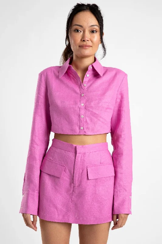 Women’s oversized t-shirts for relaxed fashion -SUMMI SUMMI Womens Cropped Structured Linen Shirt Fuchsia