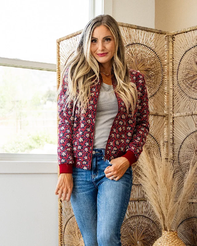 Women’s bomber jackets for sporty style -Ampersand Ave Flower Bomb-er Jacket - Wine