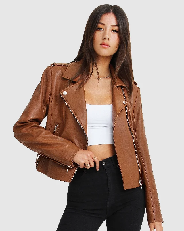 Women’s long jackets for extra warmth -Just Friends Leather Jacket - Brown