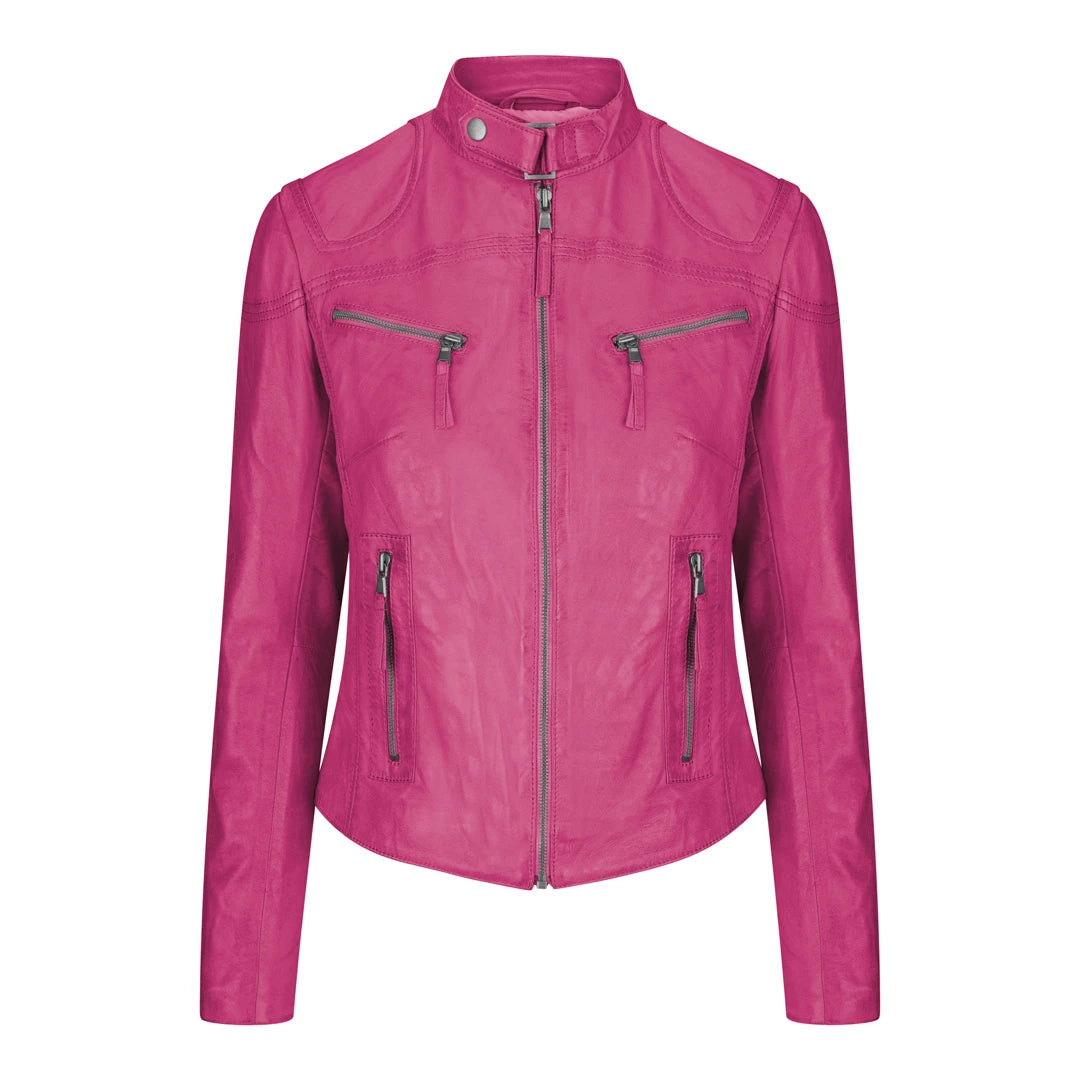 Women’s wrap jackets for cozy layering -Women's Leather Fitted Biker Short Pink Jacket