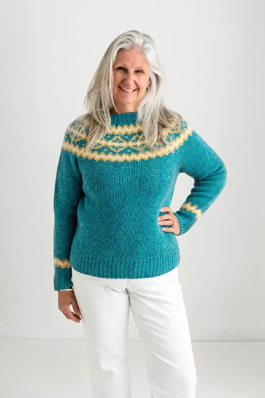 Women’s off-the-shoulder tops for chic style -Womens Chunky Finnieston Yoke Fair Isle Jumper - Aqua