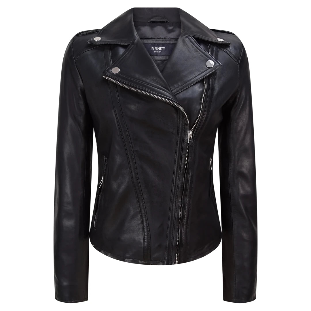 Women’s zip-up hooded jackets for casual style -Women's Leather Jacket Classic Biker Black Leather Women's Jacket