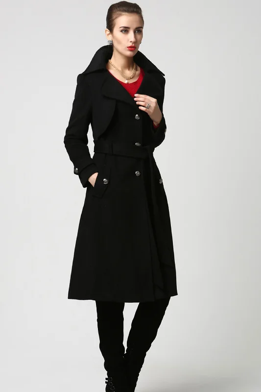 Women’s wool-blend trench coats for fall fashion -Womens long black  wool trench Coat 1122#