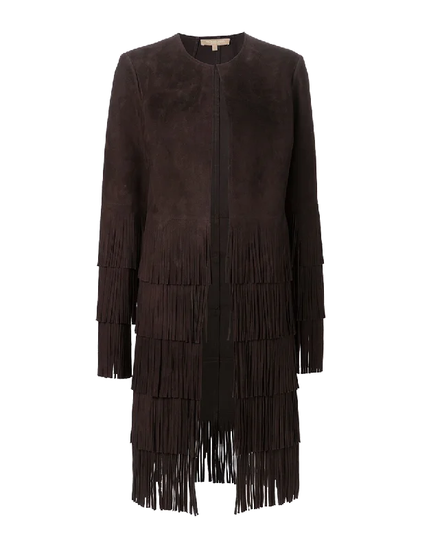 Women’s athletic jackets for sportswear look -Suede Fringe Coat