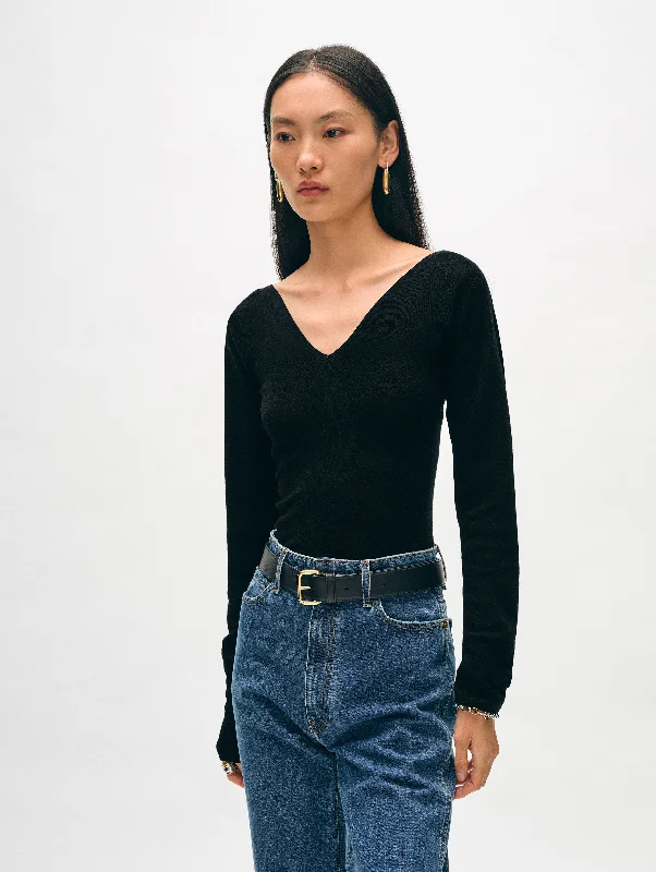 Women’s cropped shirts for relaxed look -Superfine Merino Ribbed V Neck Top