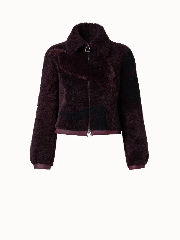 Women’s biker-style leather jackets for edgy look -Flower Patchwork Shearling Short Jacket