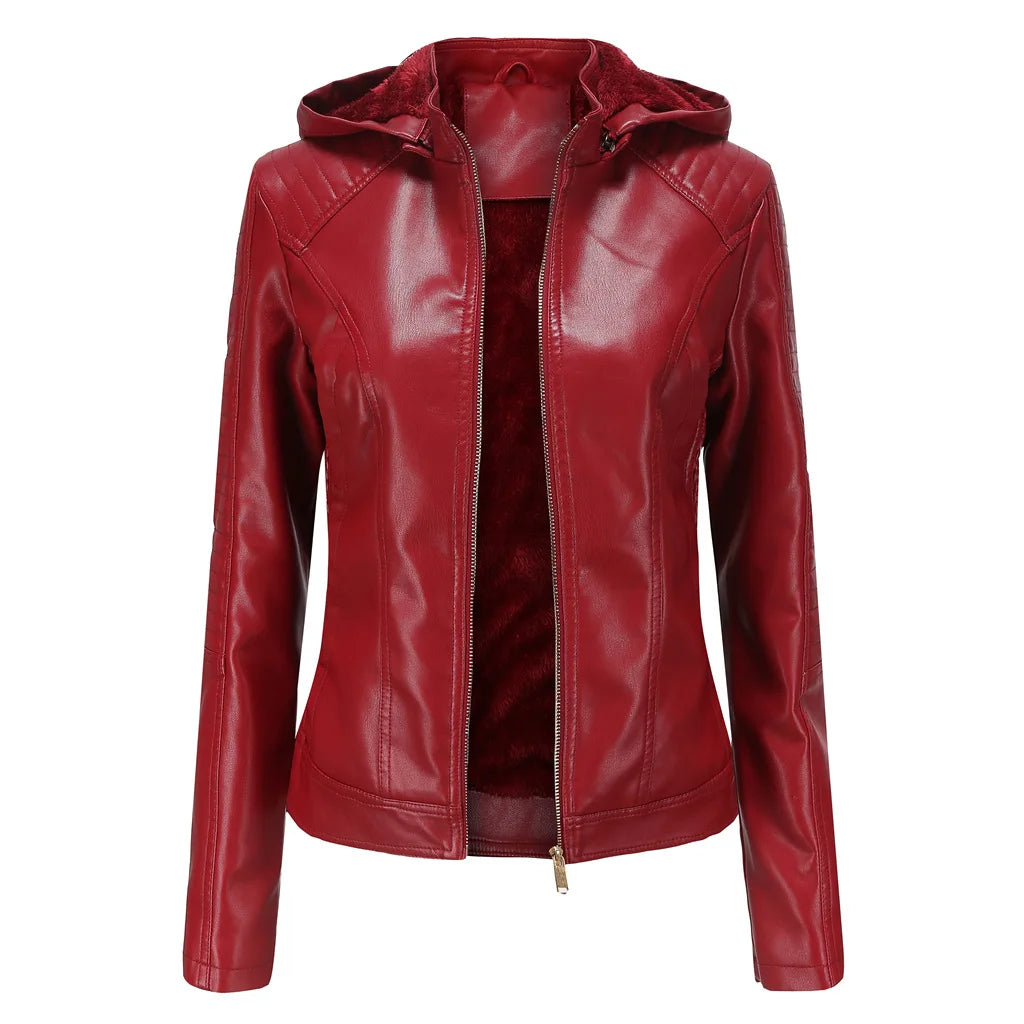 Women’s faux fur trimmed jackets for cozy luxury -Fleece Hooded Leather Jacket Women's Trim Motorcycle Women Coat Zipper Switch Tops Red Khaki Grey